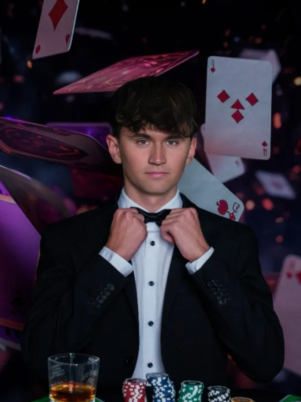 Charlie Kirk as a tuxedo gambler with flying cards meme by Kirkify AI